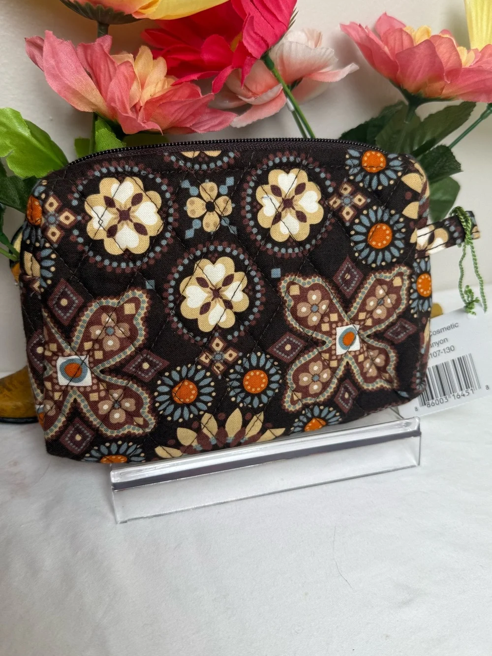 NWT Vera Bradley Canyon Small Cosmetic Bag Brown and Orange Floral Cosmetic